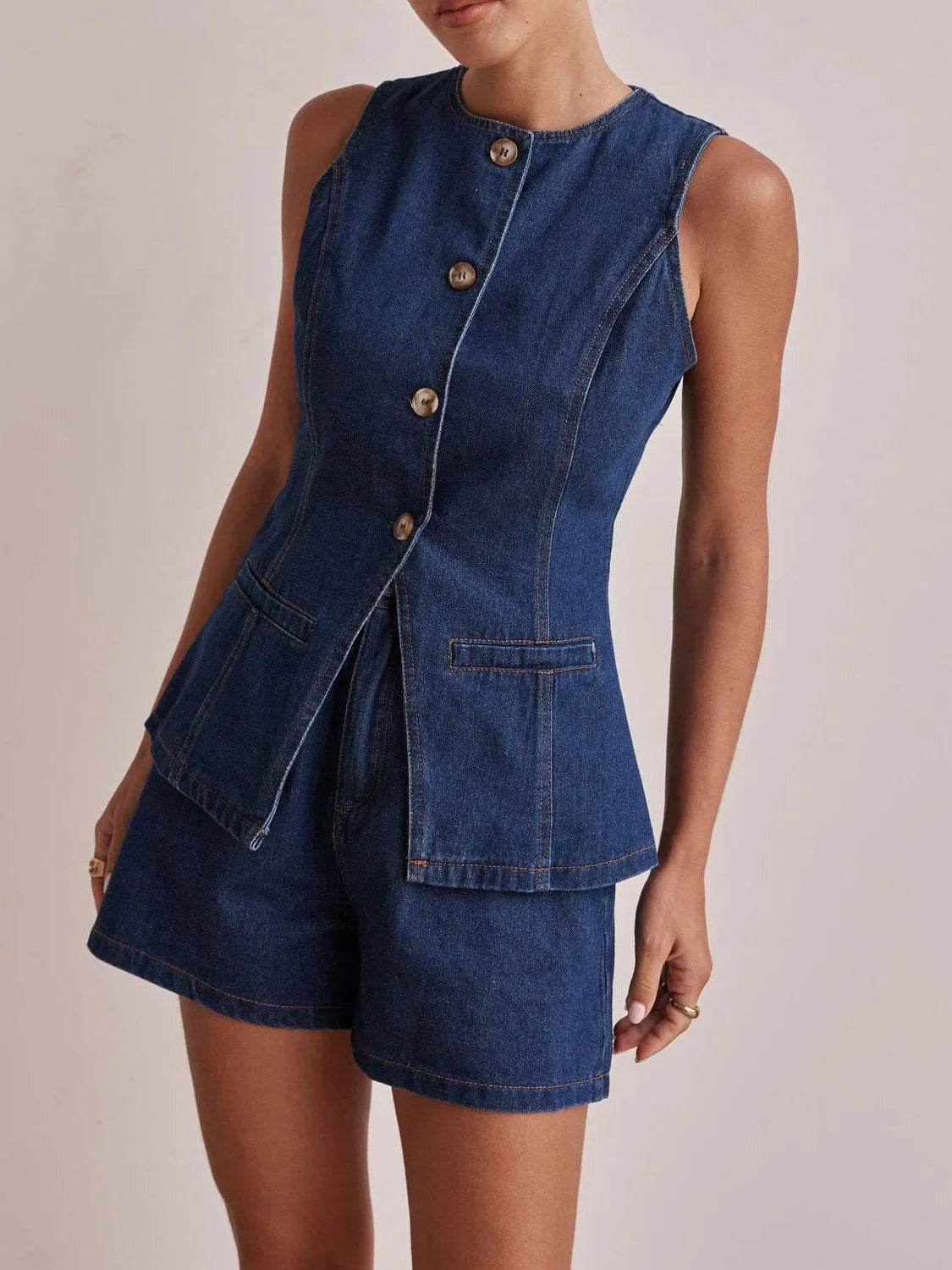 Button Down Vest and Shorts Denim Set - Bona Fide Fashion