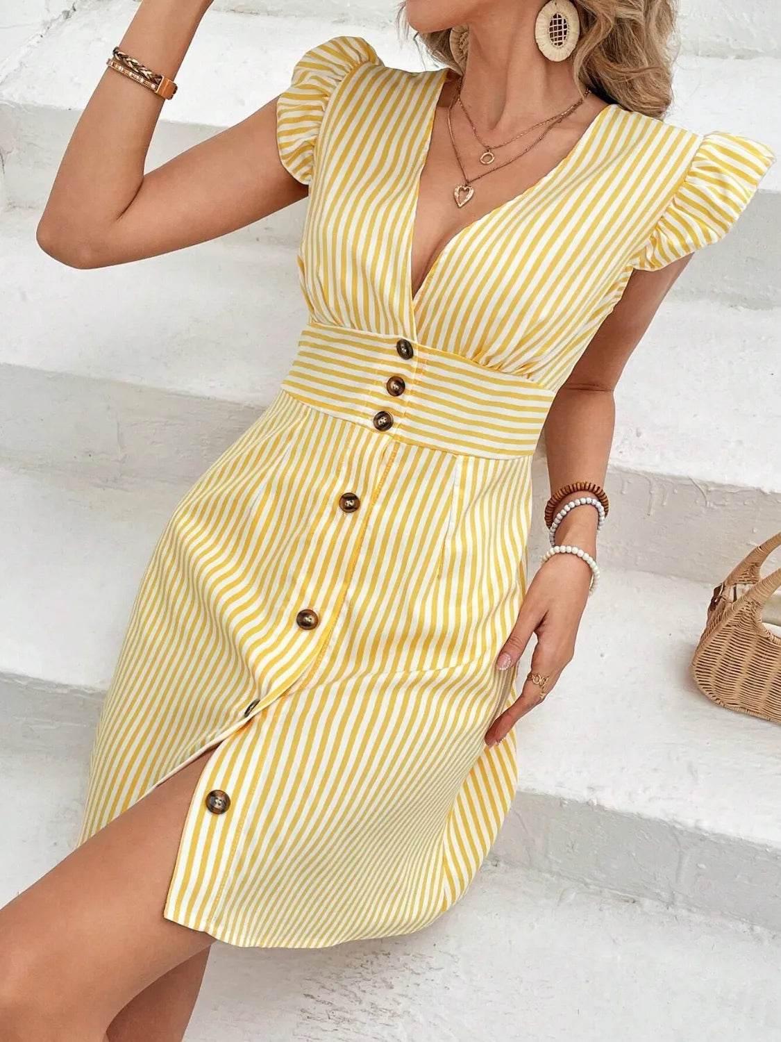 Striped Button Front Cap Sleeve Dress - Bona Fide Fashion