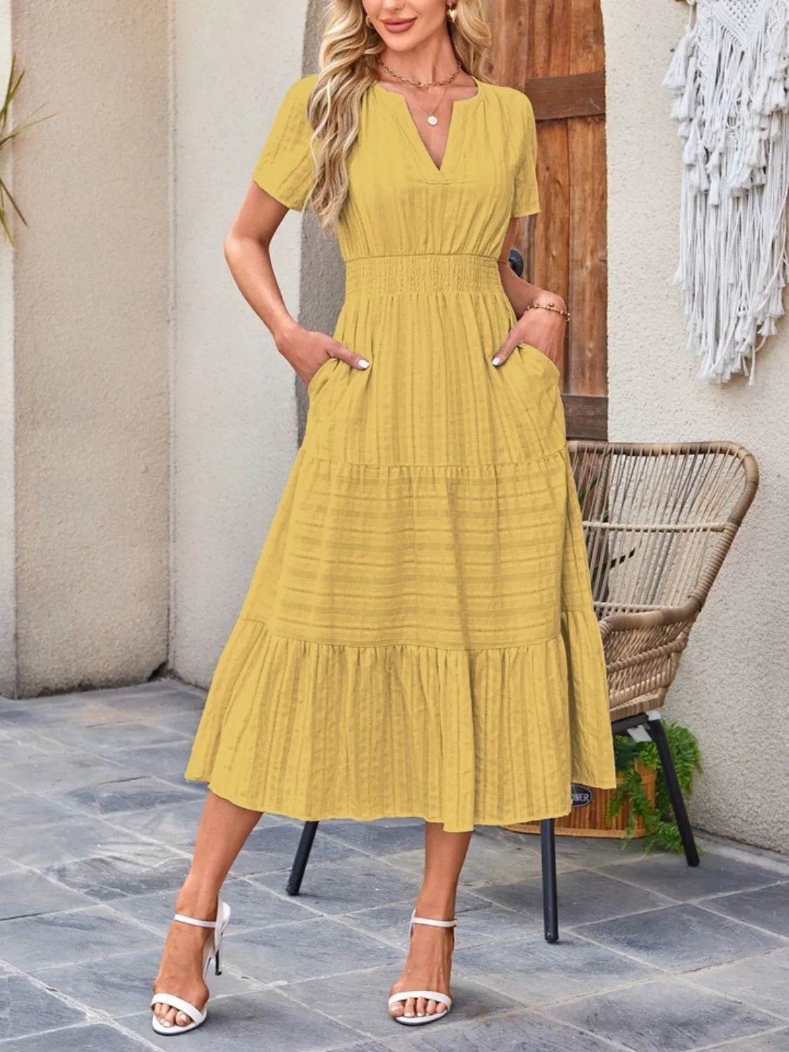 Tiered Notched Short Sleeve Dress - Bona Fide Fashion