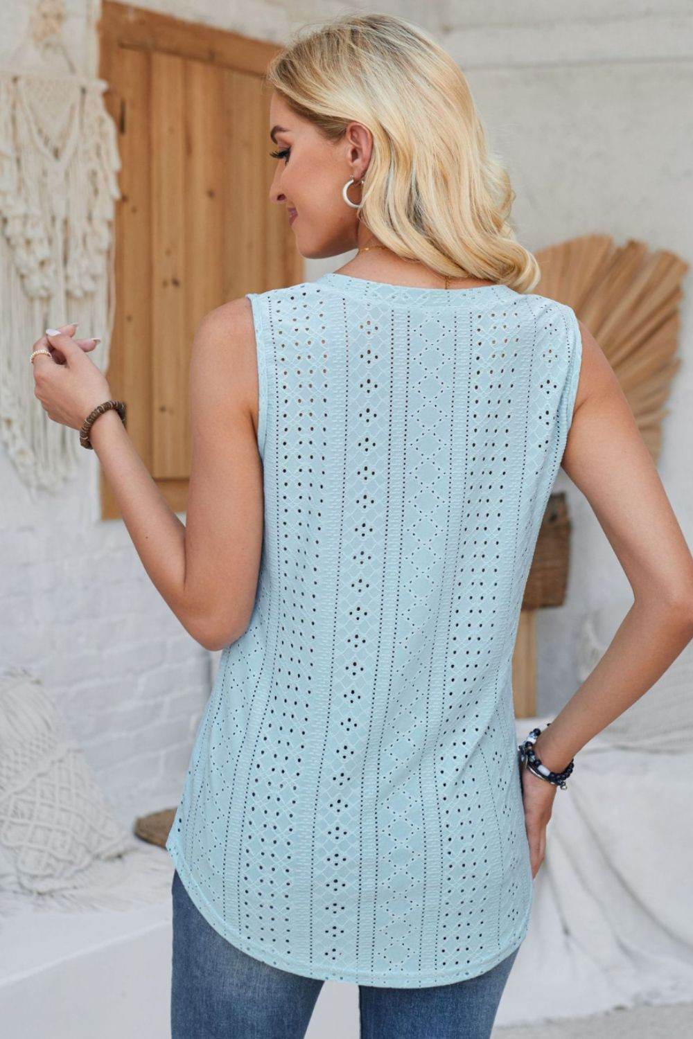 Eyelet Decorative Button V-Neck Tank - Bona Fide Fashion