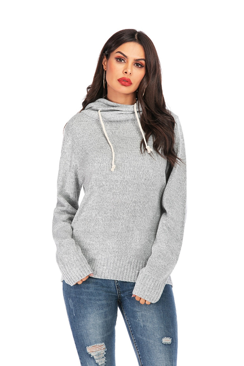 Drawstring Mock Neck Long Sleeve Sweater