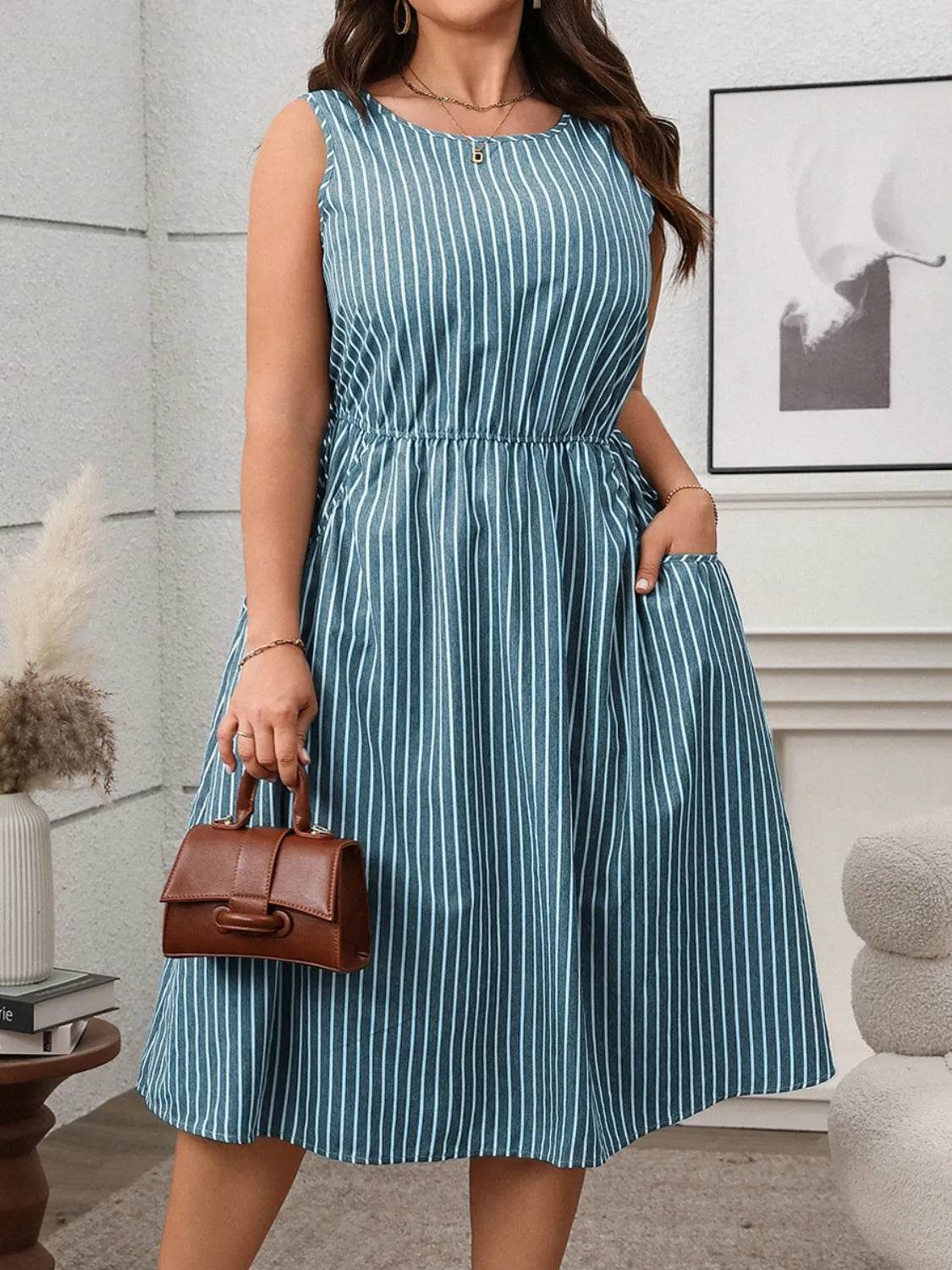 Plus Size Striped Round Neck Sleeveless Dress - Bona Fide Fashion