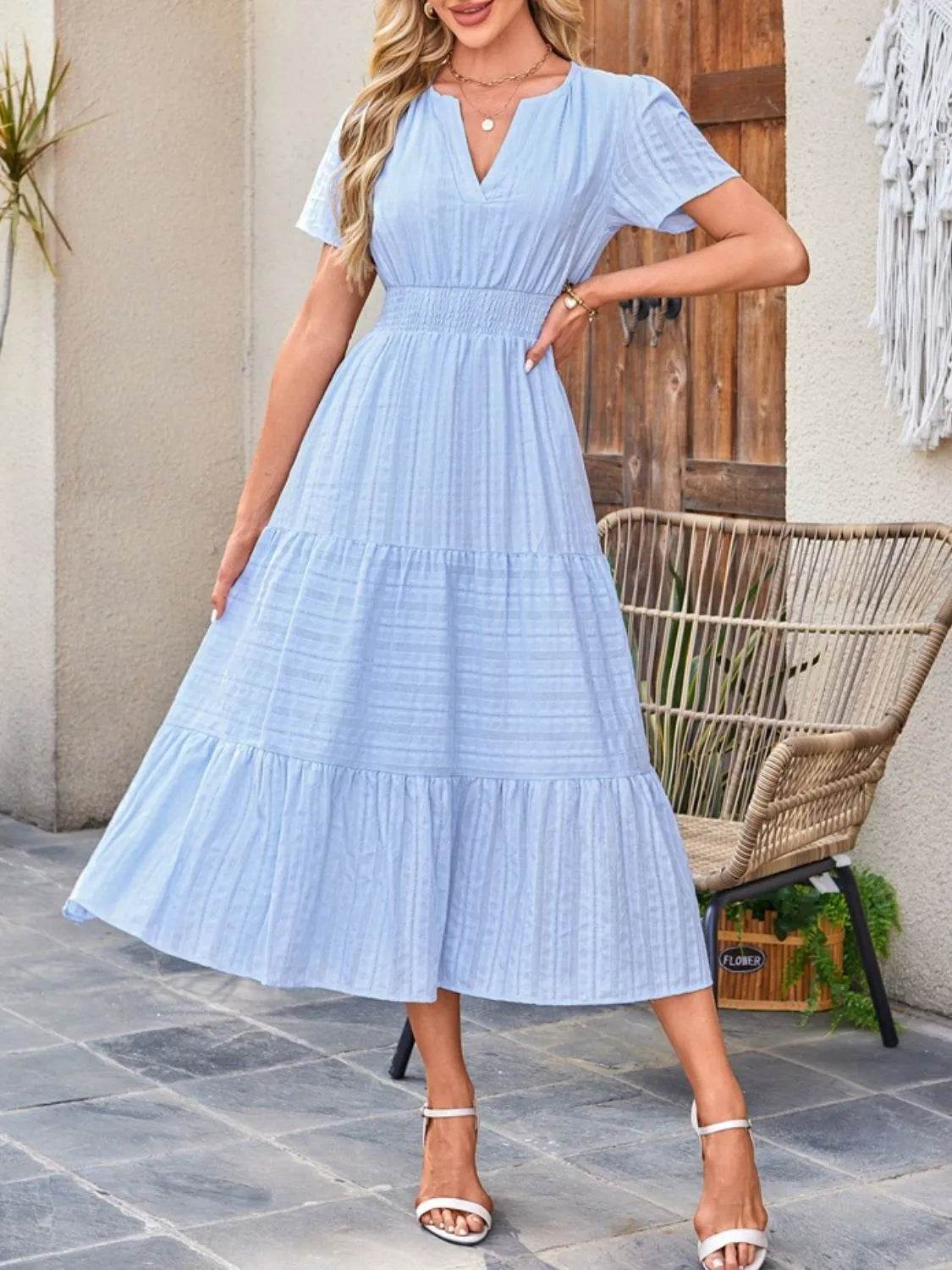 Tiered Notched Short Sleeve Dress - Bona Fide Fashion