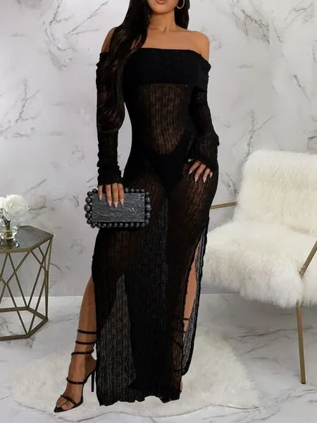 Long Sleeved See Through Slit Dress HEHB6Z2CXY