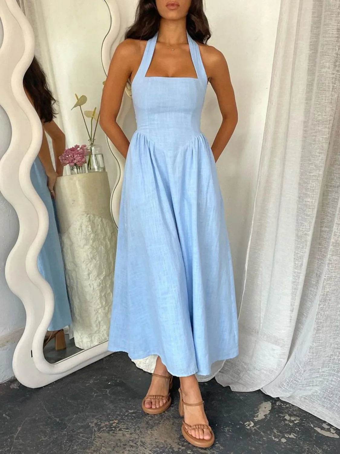 Devine Ruched Halter Neck Midi Dress - Bona Fide Fashion