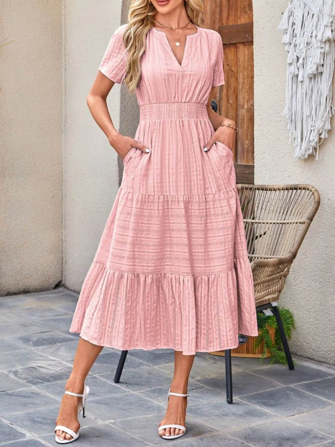Tiered Notched Short Sleeve Dress - Bona Fide Fashion