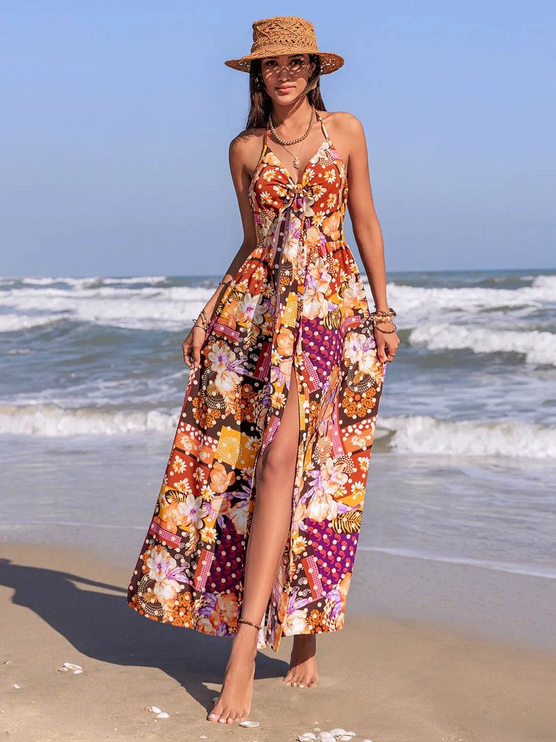 Slit Printed Halter Neck Cami Dress - Bona Fide Fashion