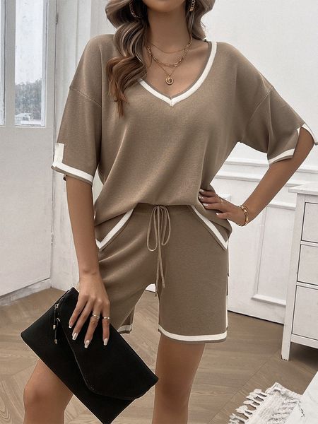 Women's Casual Loose V Neck Sweater 2 Piece Set HEH5739EY9