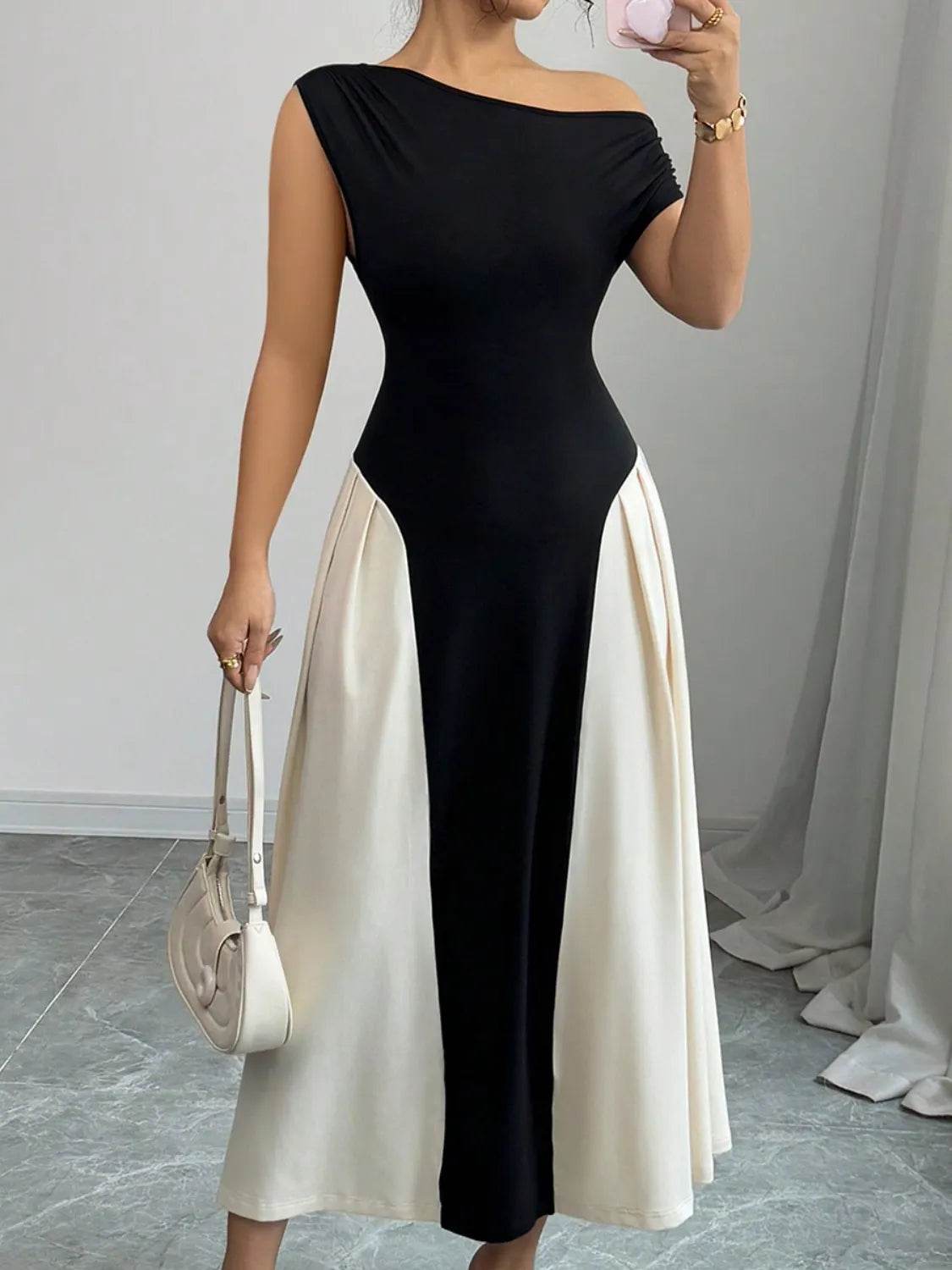 Contrast Single Shoulder Midi Dress - Bona Fide Fashion