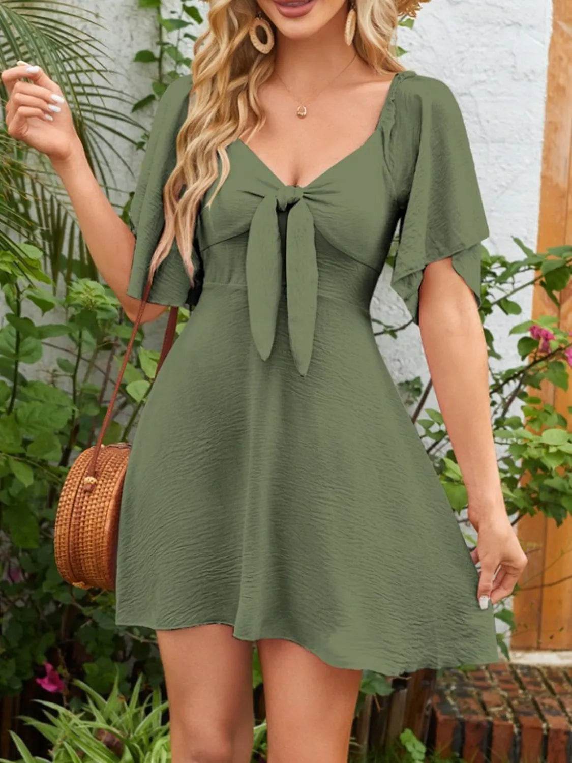Smocked Back Knotted Flutter Sleeve Dress - Bona Fide Fashion