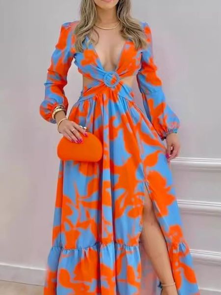 Women's Printed V Neck Puff Sleeve Hollow Out Dress with Slit HEH7RZ5TLR