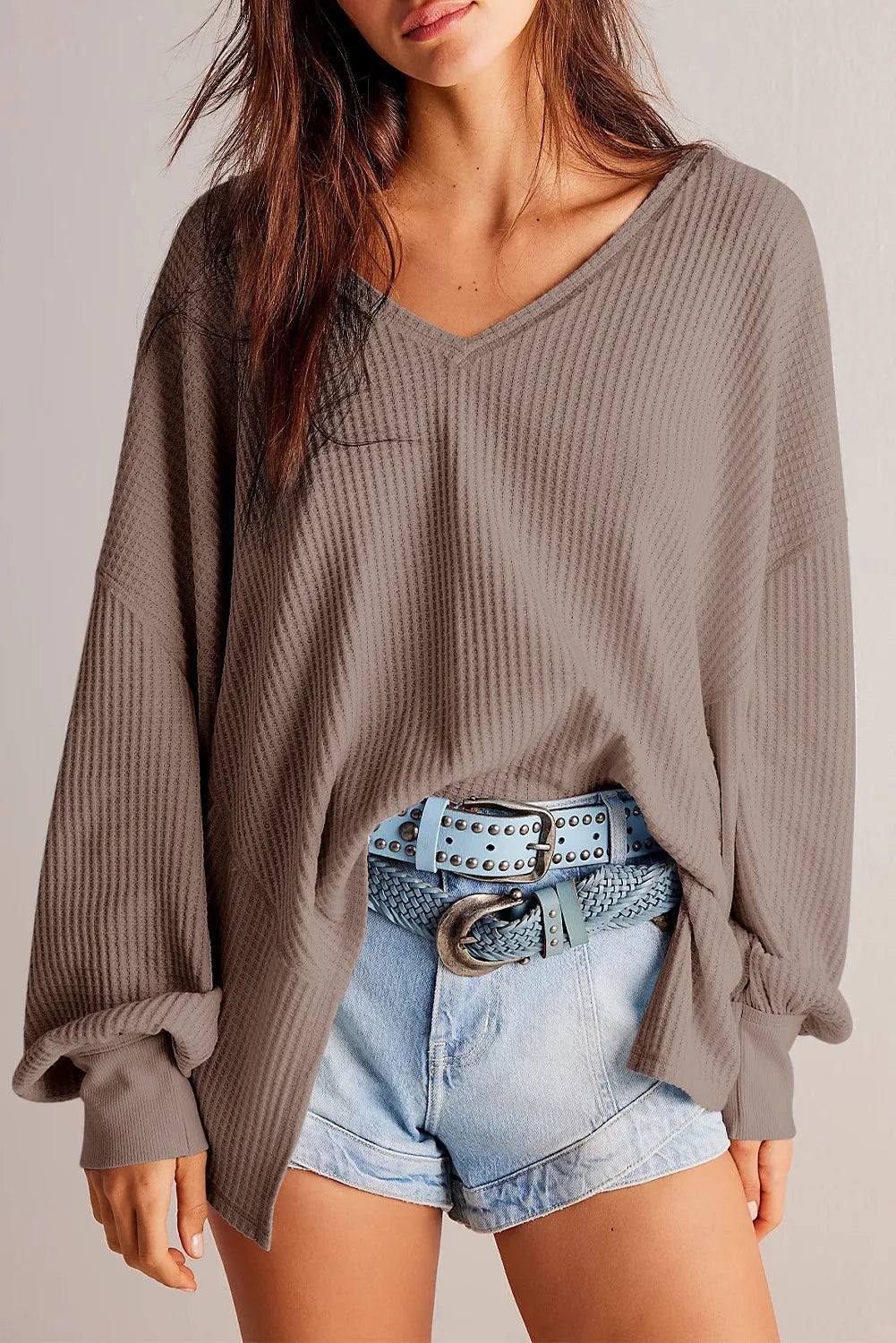 Waffle-Knit V-Neck Long Sleeve Top