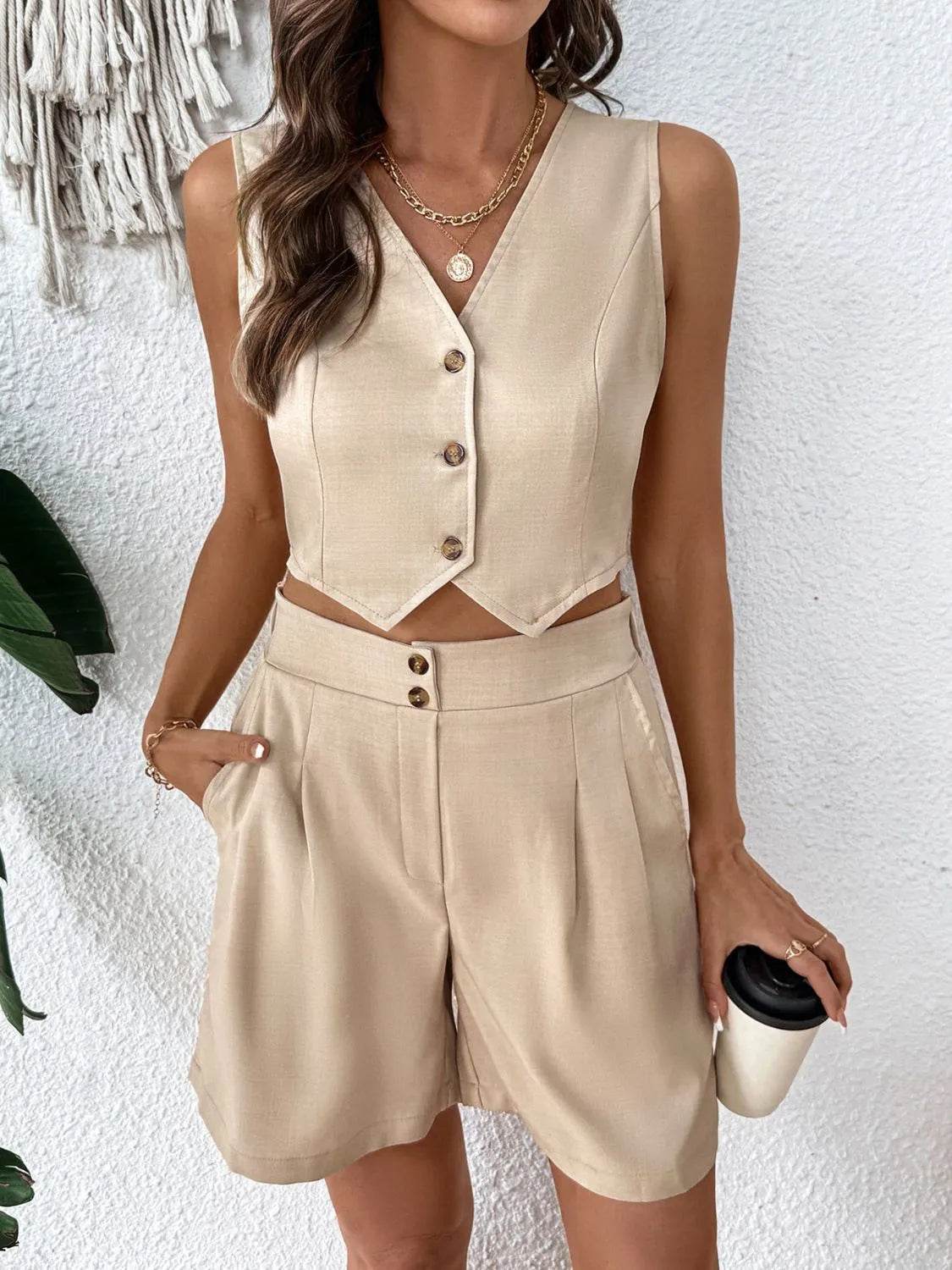 V-Neck Vest and Shorts Set - Bona Fide Fashion