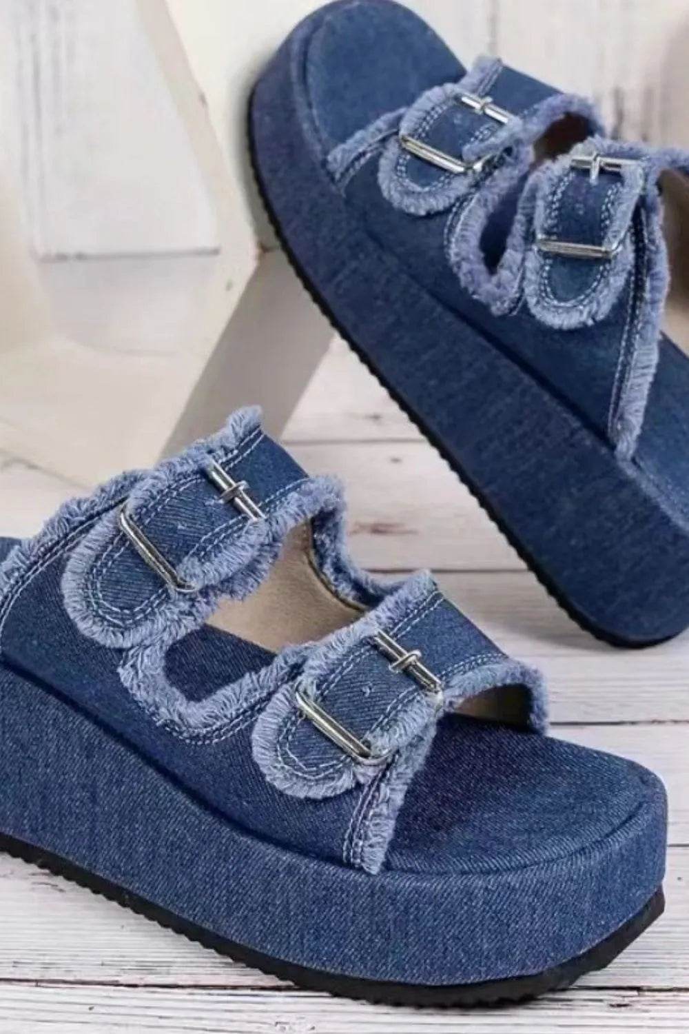 Raw Hem Wedge Buckle Sandals - Bona Fide Fashion