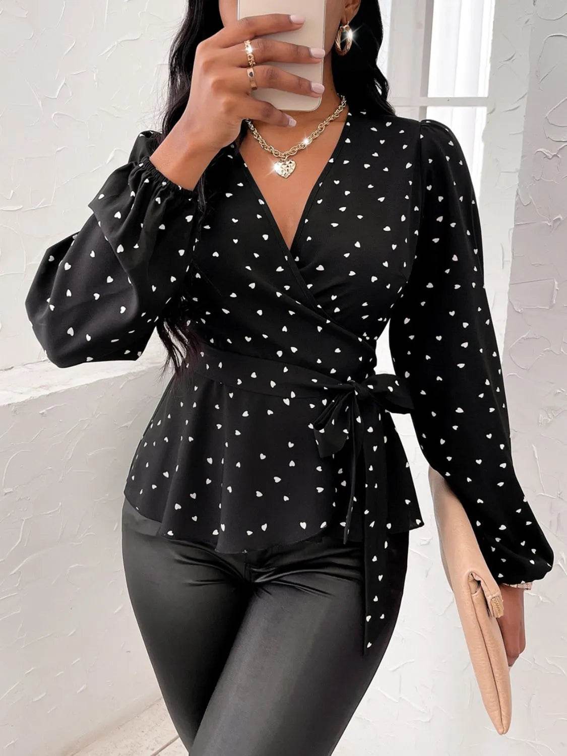 Heart Print Surplice Balloon Sleeve Blouse - Bona Fide Fashion