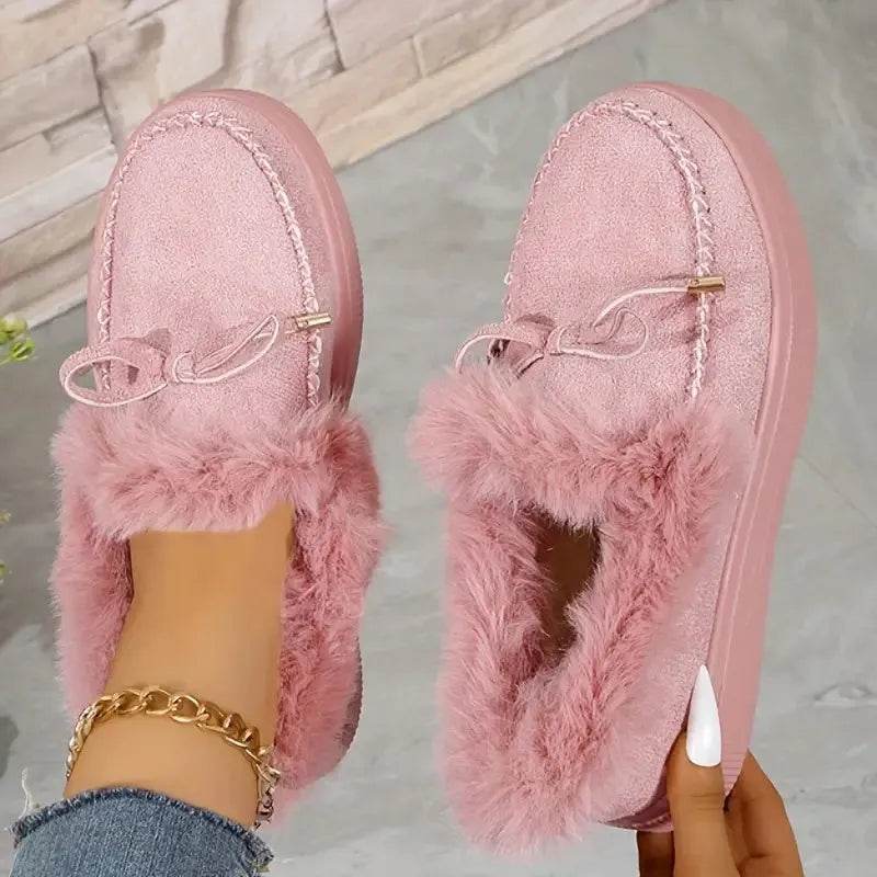 Bow Furry Round Toe Flat Slip-Ons - Bona Fide Fashion
