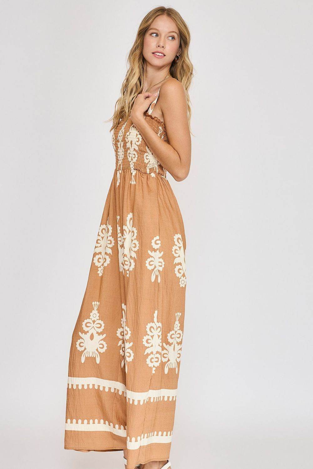 Umgee Full Size Smocked Printed Wide Leg Jumpsuit Plus Size - Bona Fide Fashion