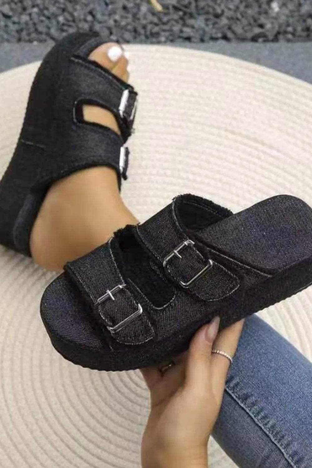 Raw Hem Wedge Buckle Sandals - Bona Fide Fashion