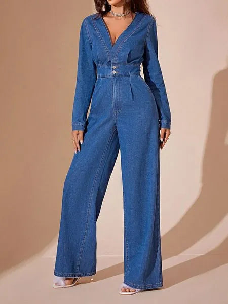 Casual Slim Fit Demin V Neck Jumpsuits with Long Sleeve HEHW3TASYE