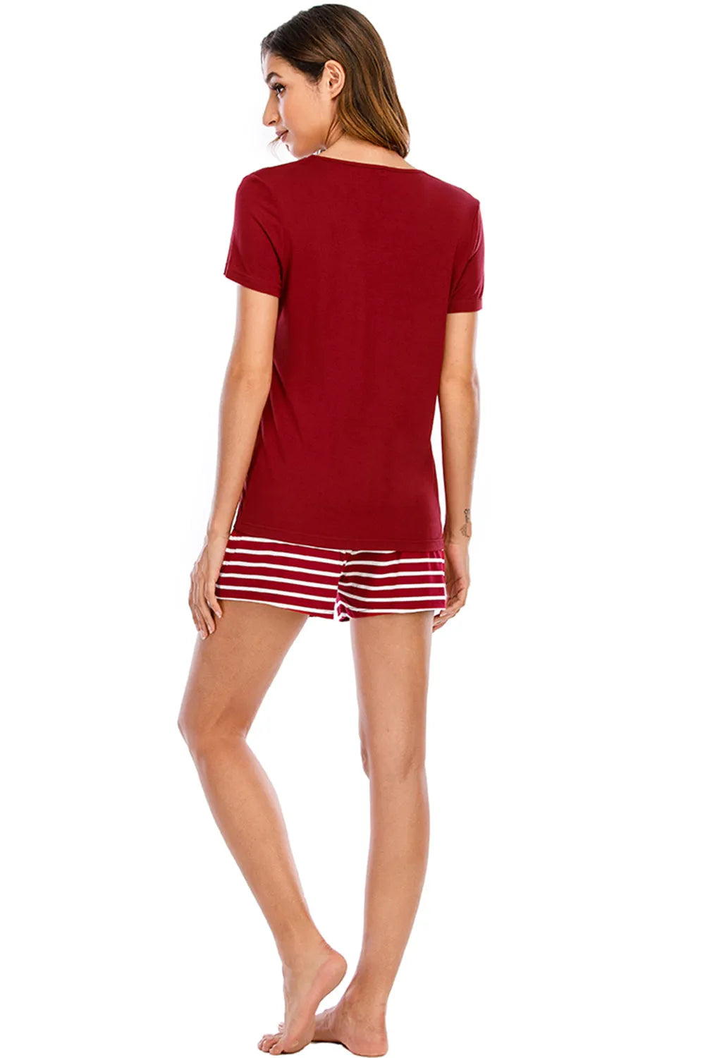 Graphic Round Neck and Striped Shorts Lounge Set