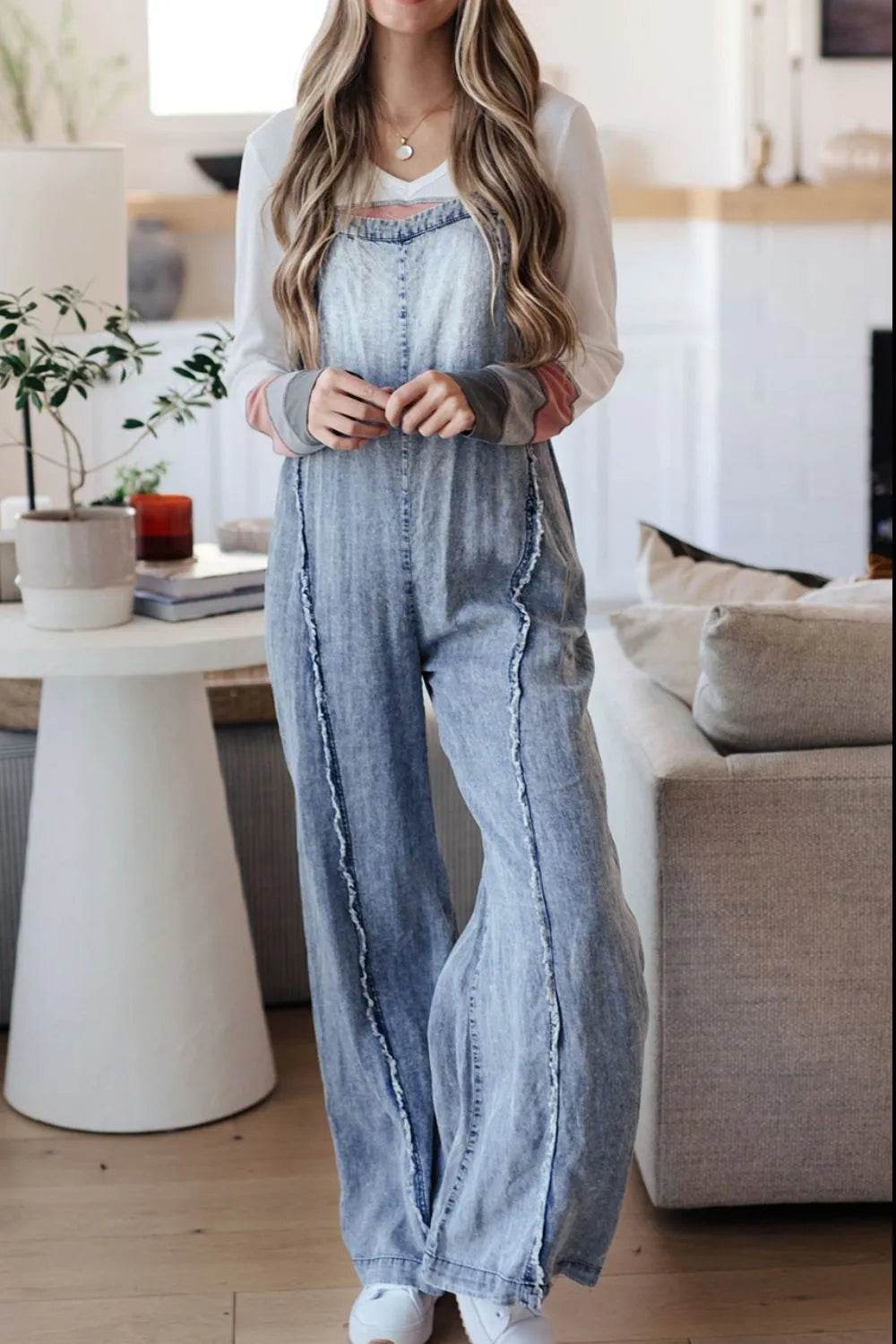 Frayed Exposed Seam Wide Leg Denim Overalls - Bona Fide Fashion