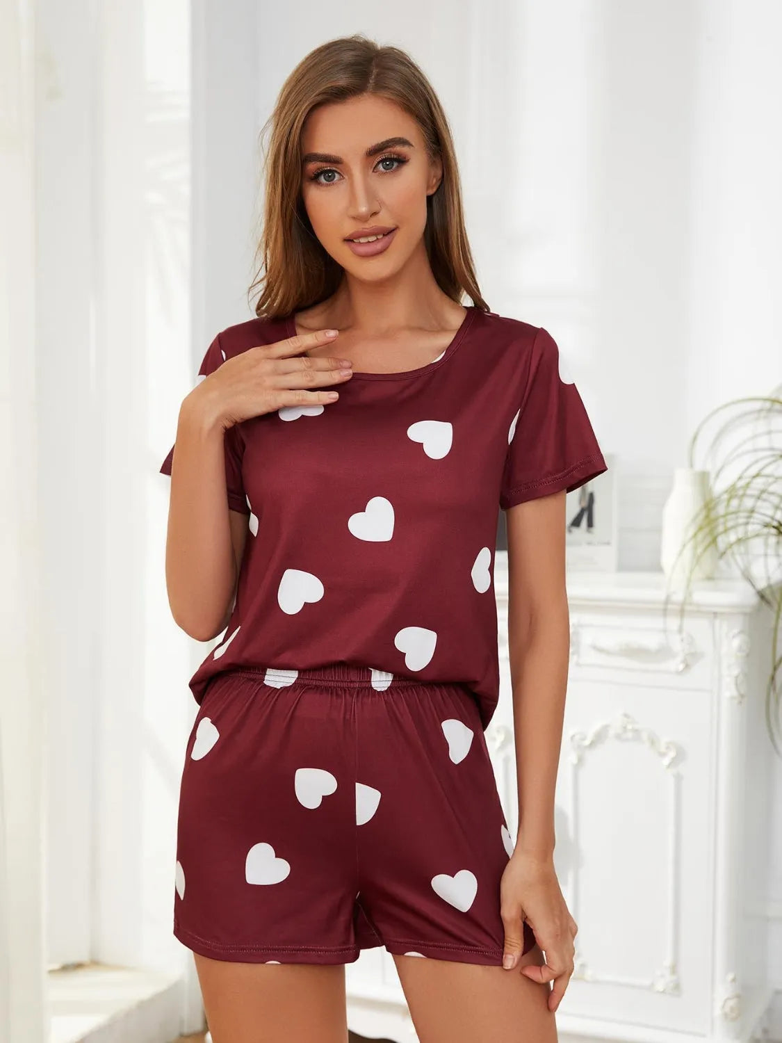 Heart Round Neck and Shorts Lounge Set