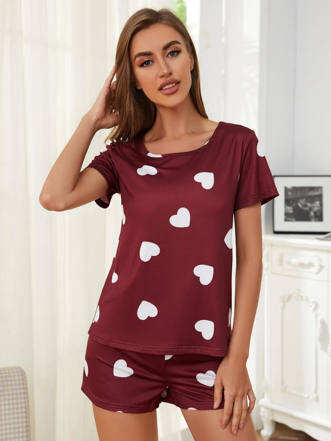 Heart Round Neck and Shorts Lounge Set