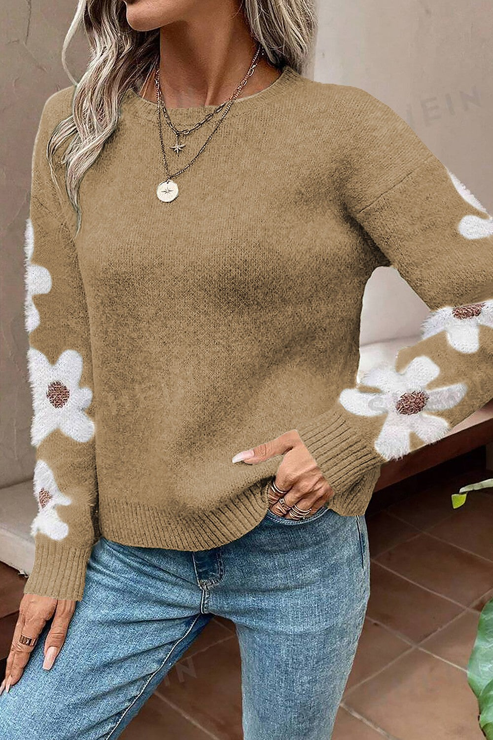 Flower Round Neck Long Sleeve Sweater