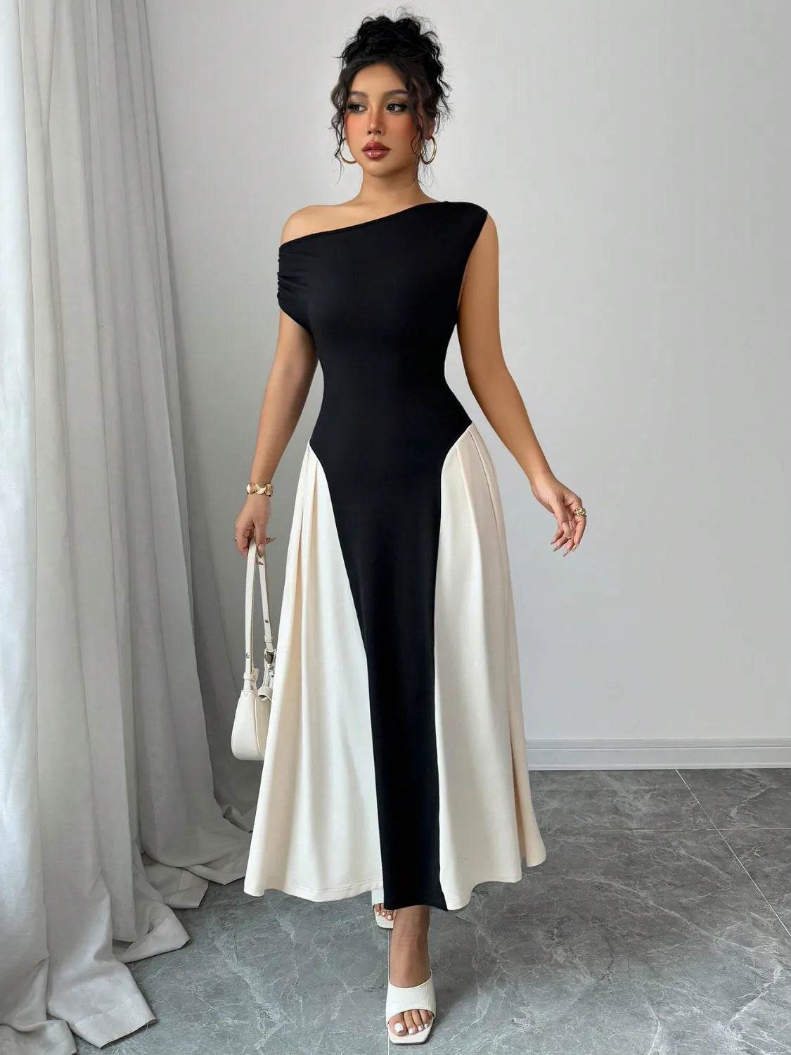 Contrast Single Shoulder Midi Dress - Bona Fide Fashion