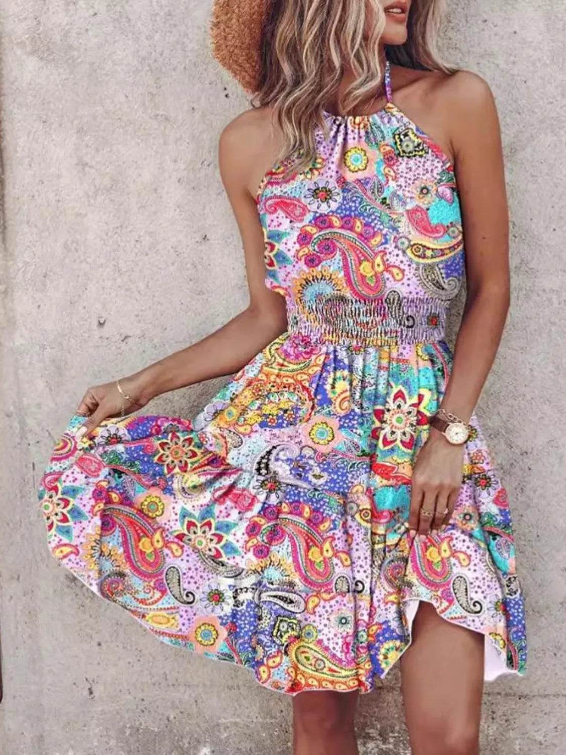 Smocked Printed Halter Neck Mini Dress - Bona Fide Fashion