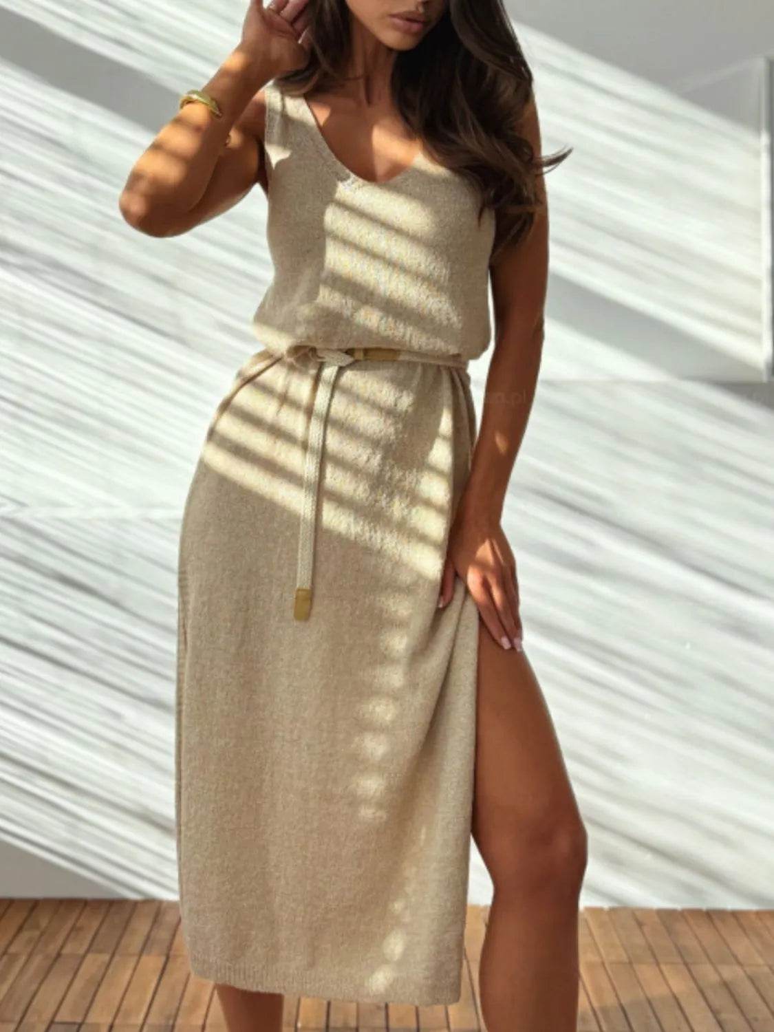 Slit V-Neck Sleeveless Sweater Dress - Bona Fide Fashion
