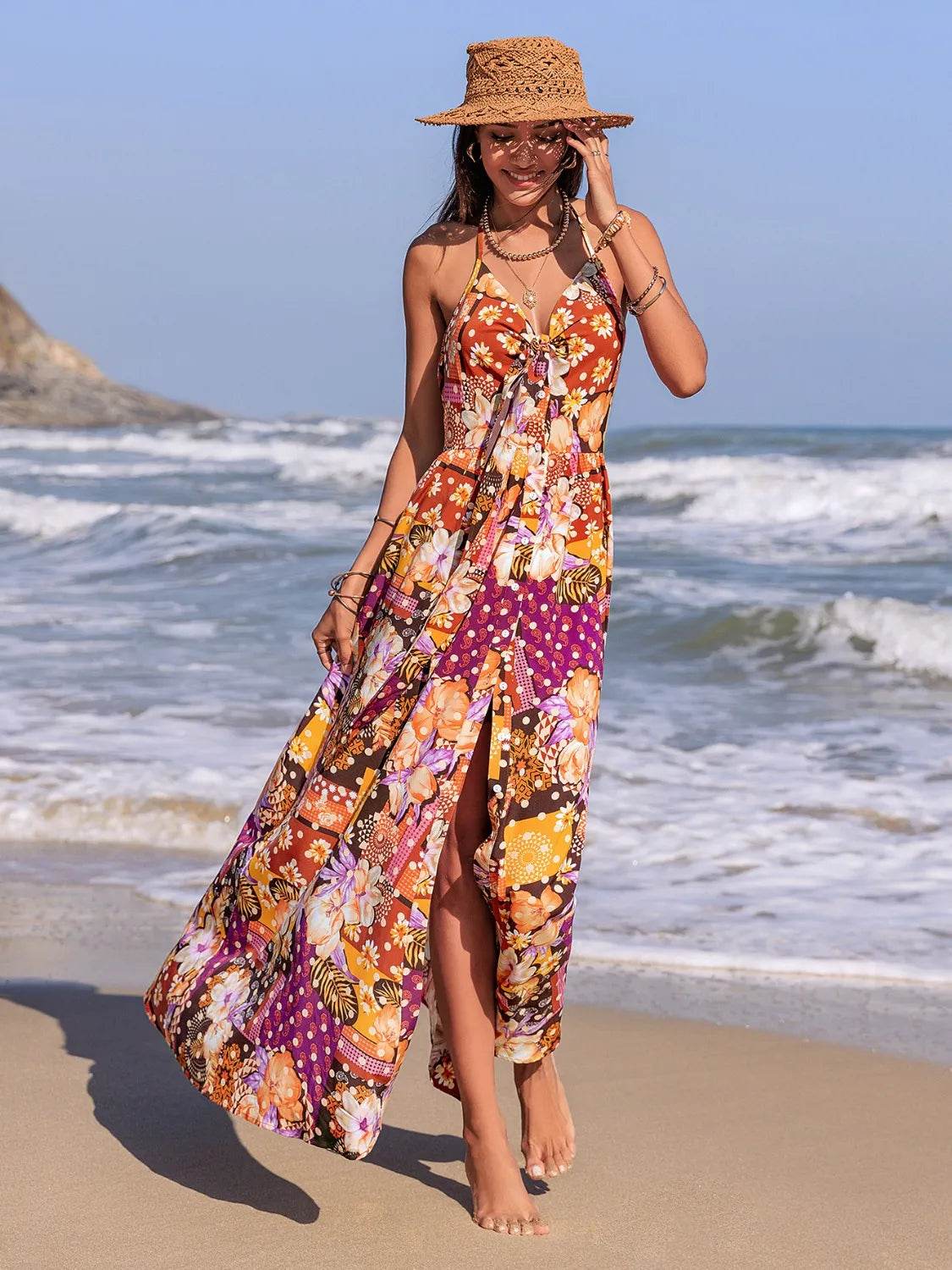 Slit Printed Halter Neck Cami Dress - Bona Fide Fashion