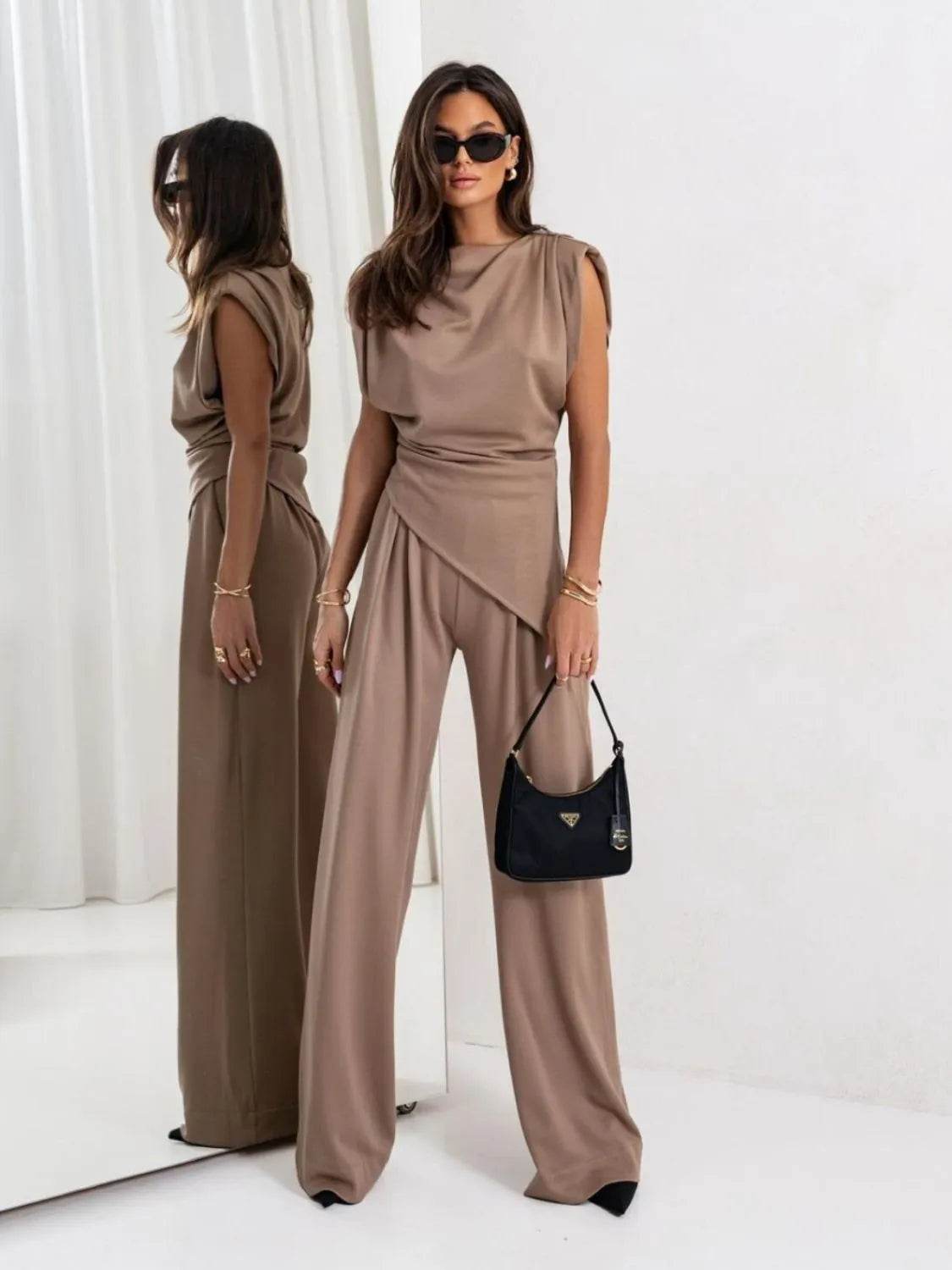 Slit Ruched Top and Wide Leg Pants Set - Bona Fide Fashion