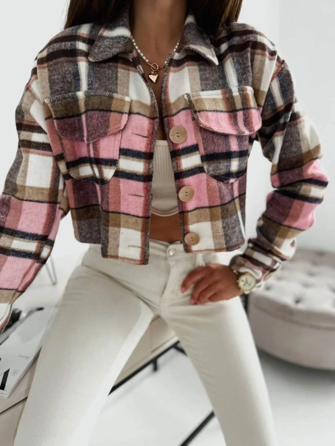 Pocketed Collared Neck Long Sleeve Plaid Jacket - Bona Fide Fashion
