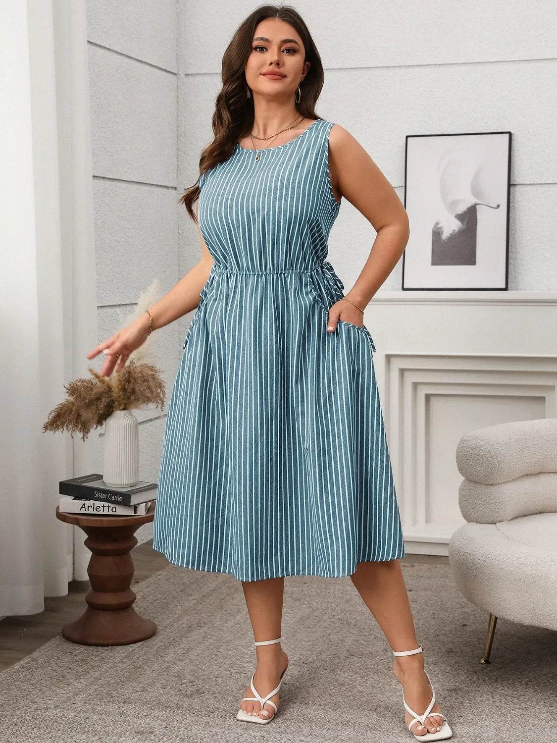 Plus Size Striped Round Neck Sleeveless Dress - Bona Fide Fashion