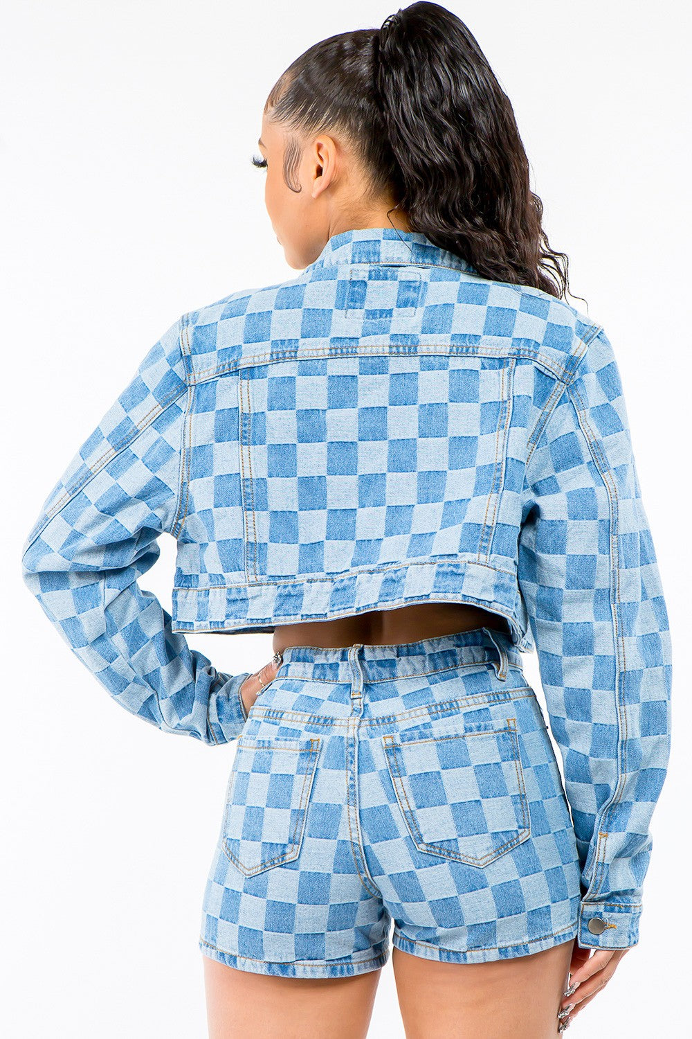 Denim Jacket | American Bazi Checkered Long Sleeve Cropped