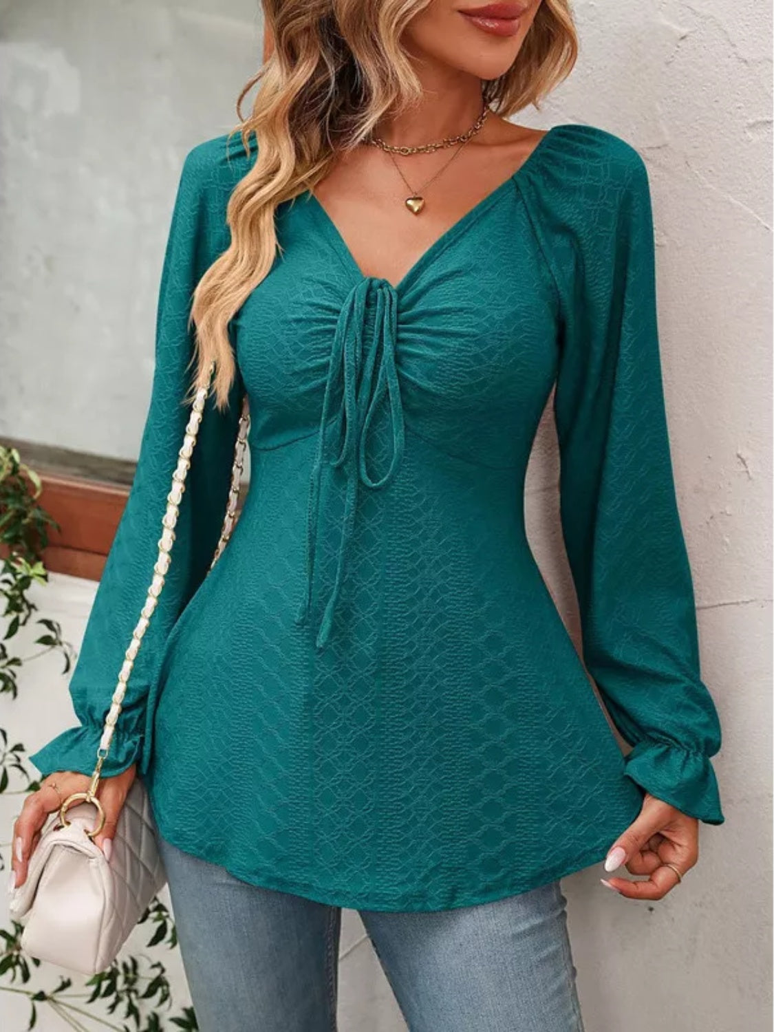 Full Size Drawstring Ruffled V-Neck Long Sleeve Blouse