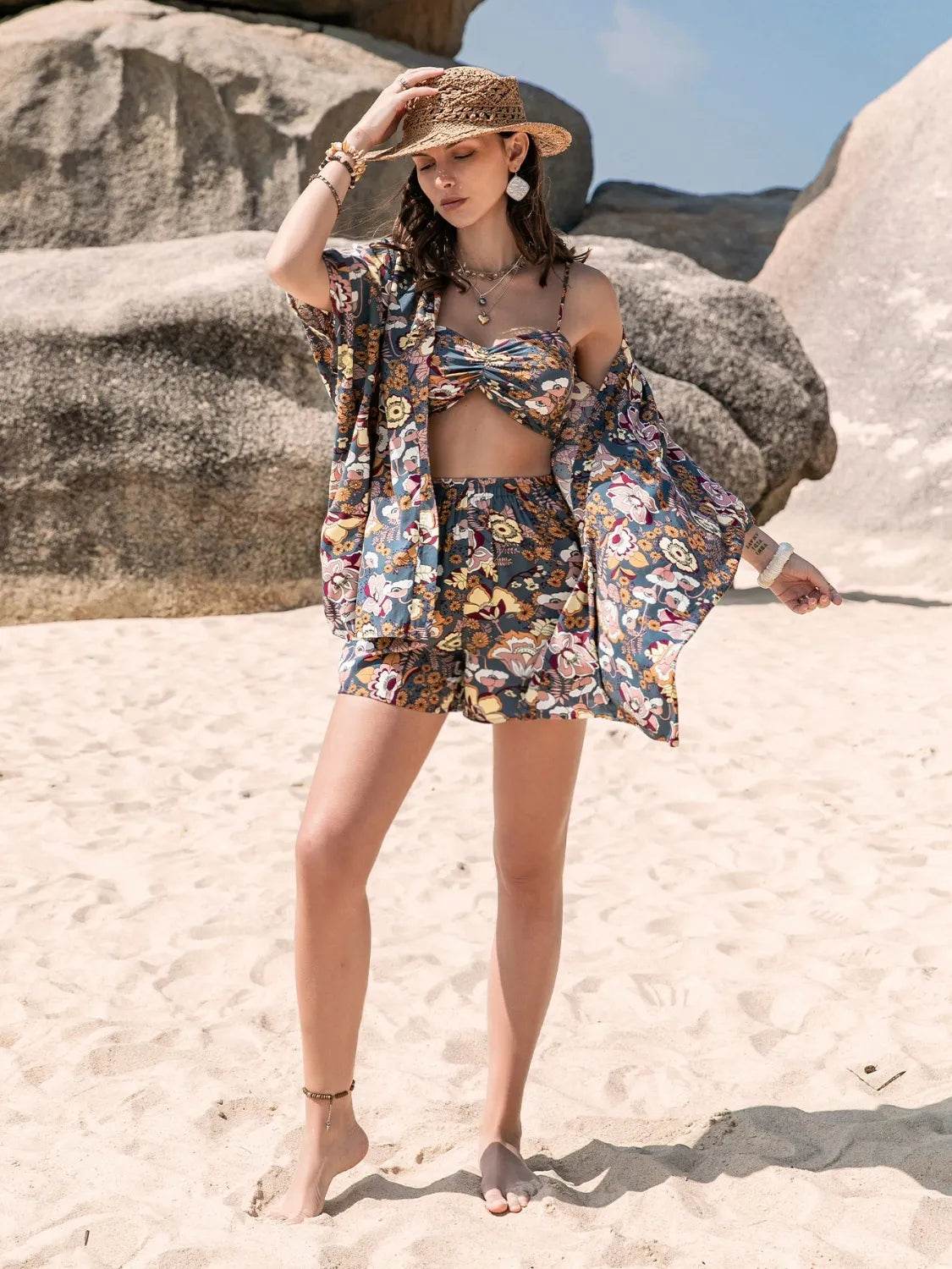 Printed Bra, Cover-Up, and Shorts Set – 3-Piece Beachwear Outfit for Women - Bona Fide Fashion