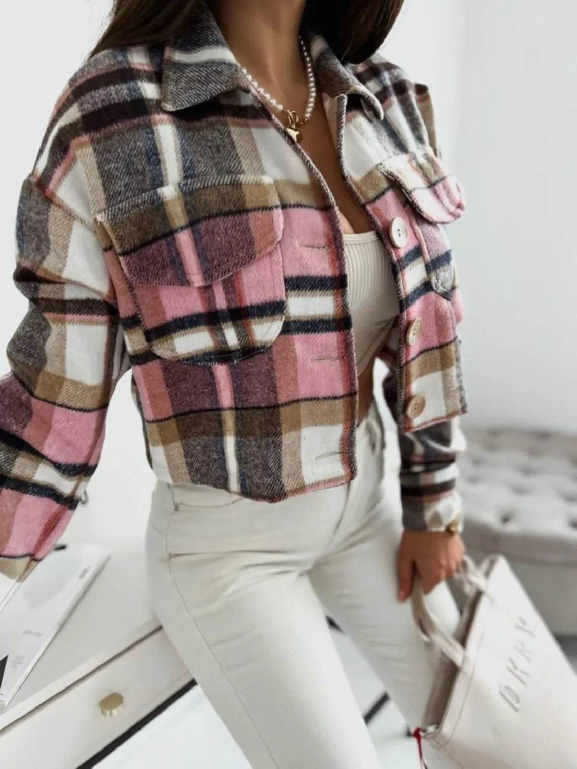 Pocketed Collared Neck Long Sleeve Plaid Jacket - Bona Fide Fashion