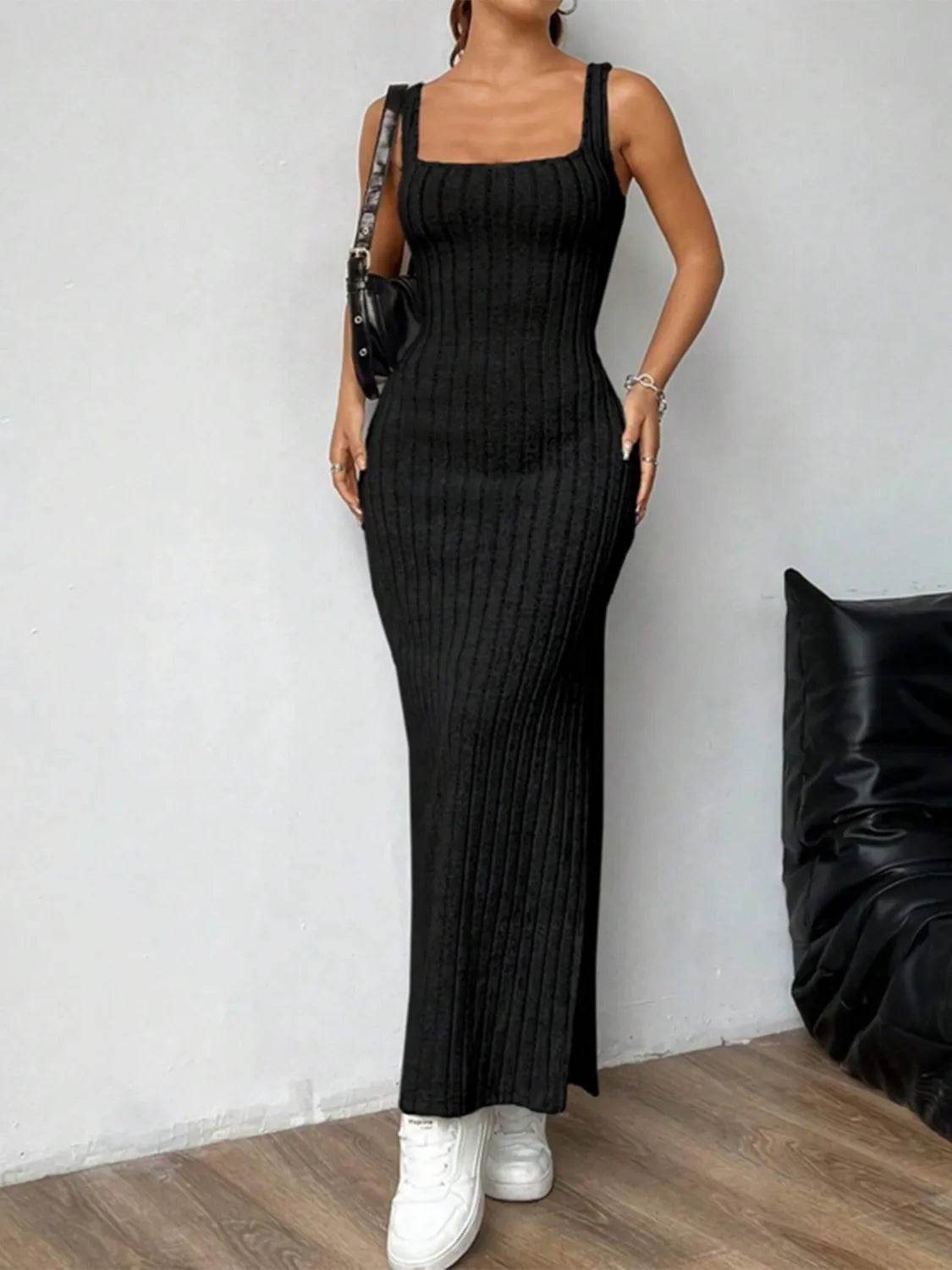 Cutout Square Neck Wide Strap Knit Dress - Bona Fide Fashion