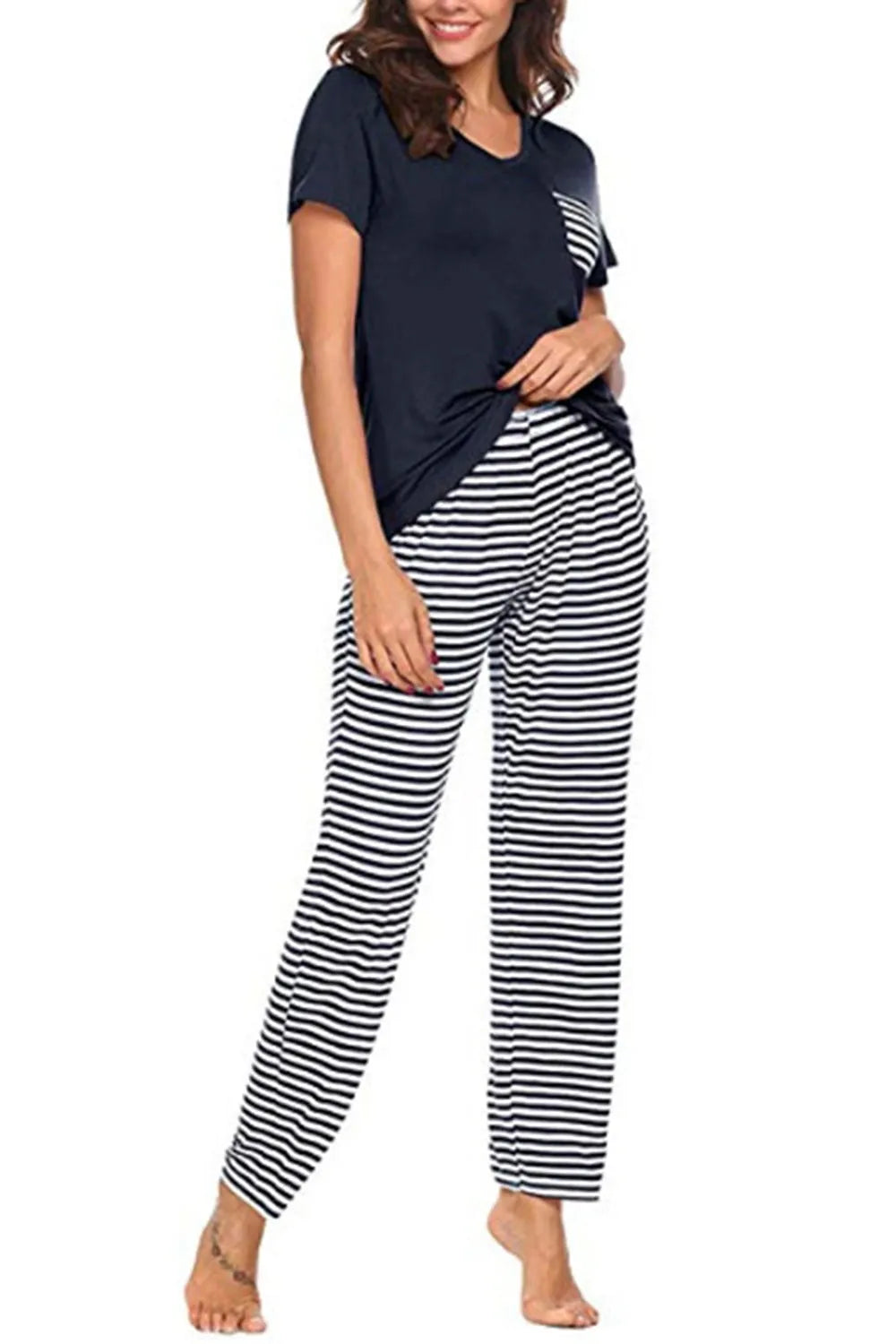 Pocketed Short Sleeve and Striped Pants Lounge Set