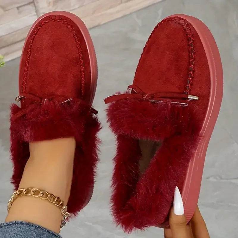 Bow Furry Round Toe Flat Slip-Ons - Bona Fide Fashion