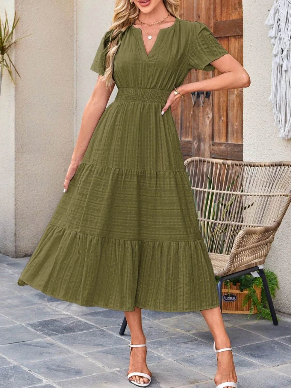 Tiered Notched Short Sleeve Dress - Bona Fide Fashion