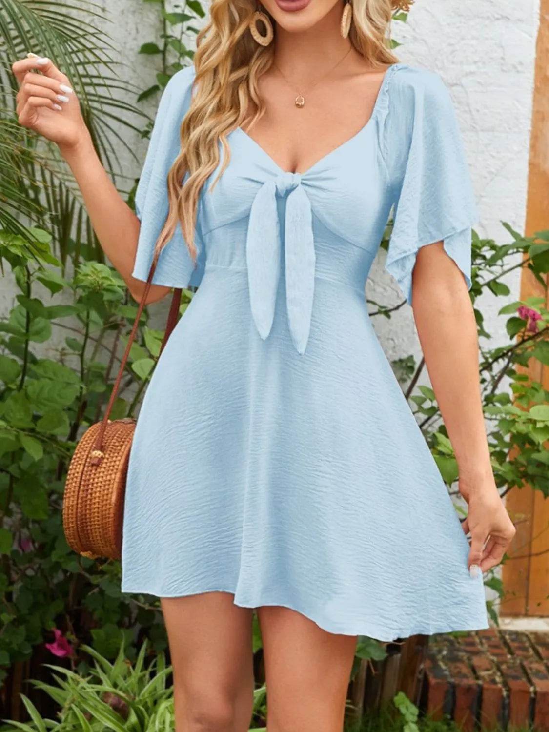 Smocked Back Knotted Flutter Sleeve Dress - Bona Fide Fashion