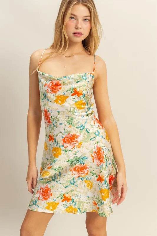 HYFVE Floral Cowl Neck Flirty Satin Mini Dress - Bona Fide Fashion