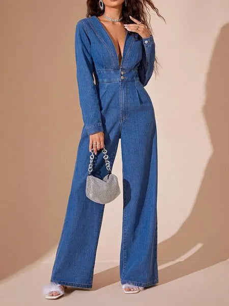 Casual Slim Fit Demin V Neck Jumpsuits with Long Sleeve HEHW3TASYE