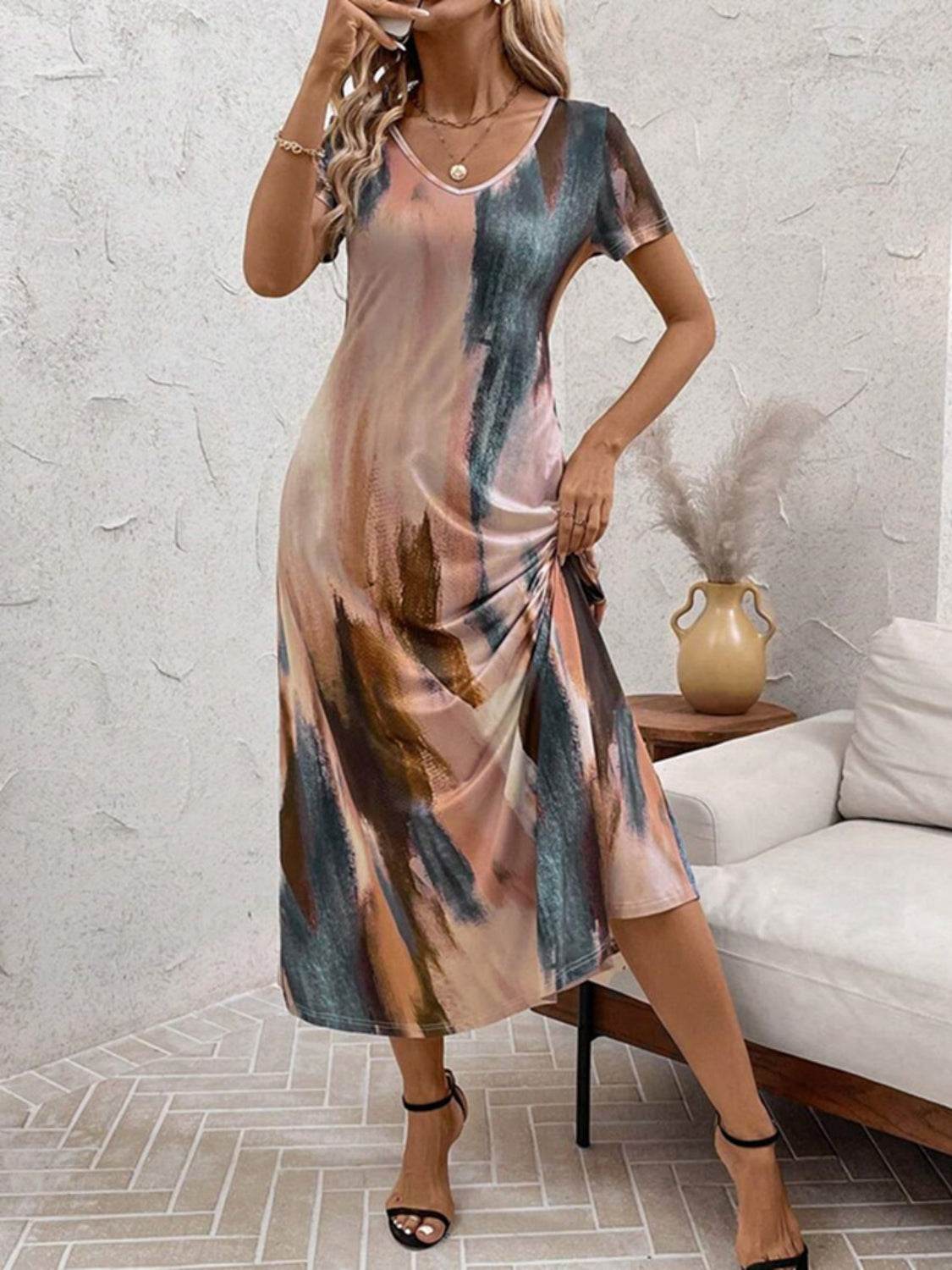Tie-Dye V-Neck Short Sleeve Midi Tee Dress - Bona Fide Fashion