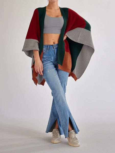 Colorblock Knitted Cardigan Shawl HFLET78TZV