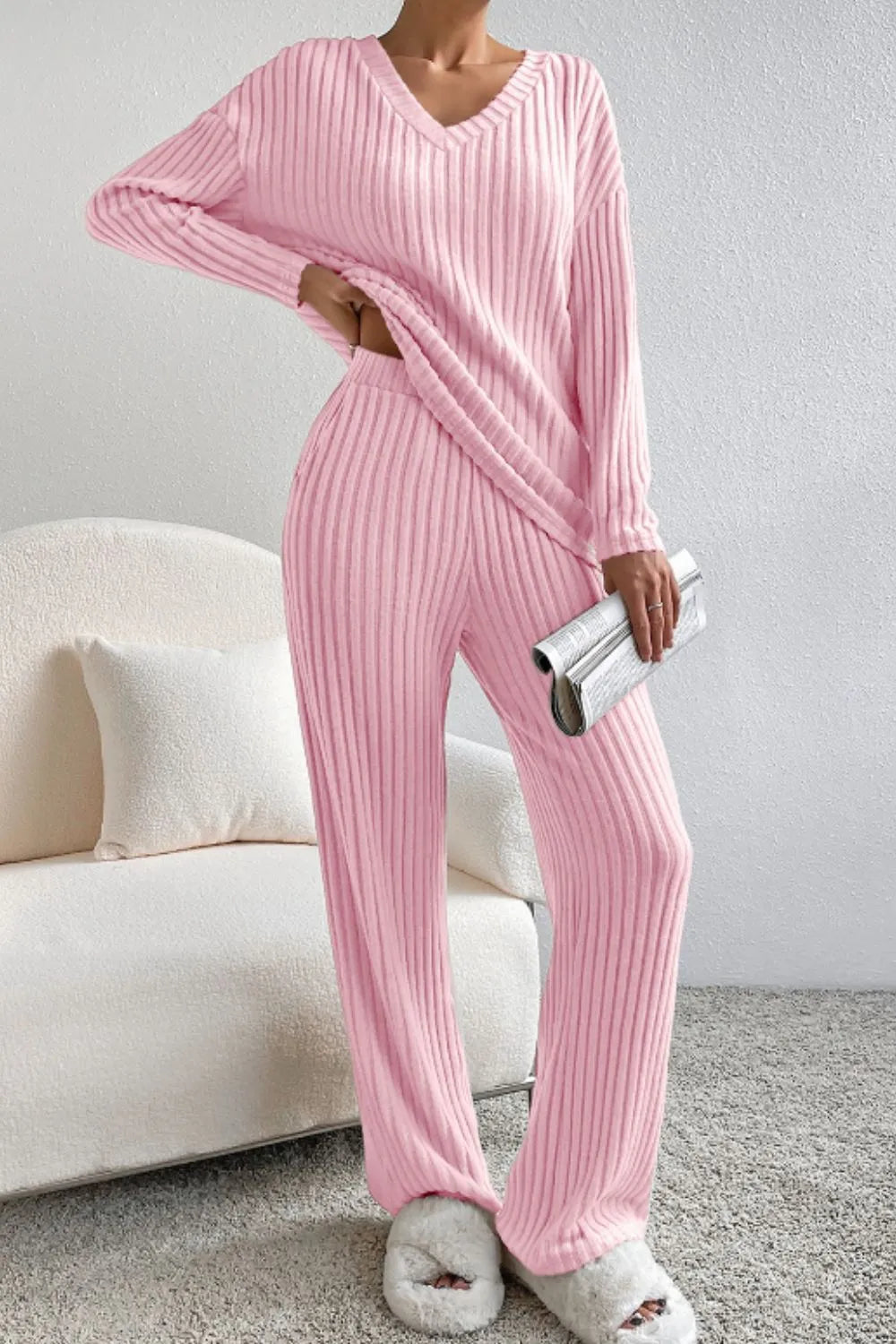 Ribbed V-Neck and Pants Lounge Set