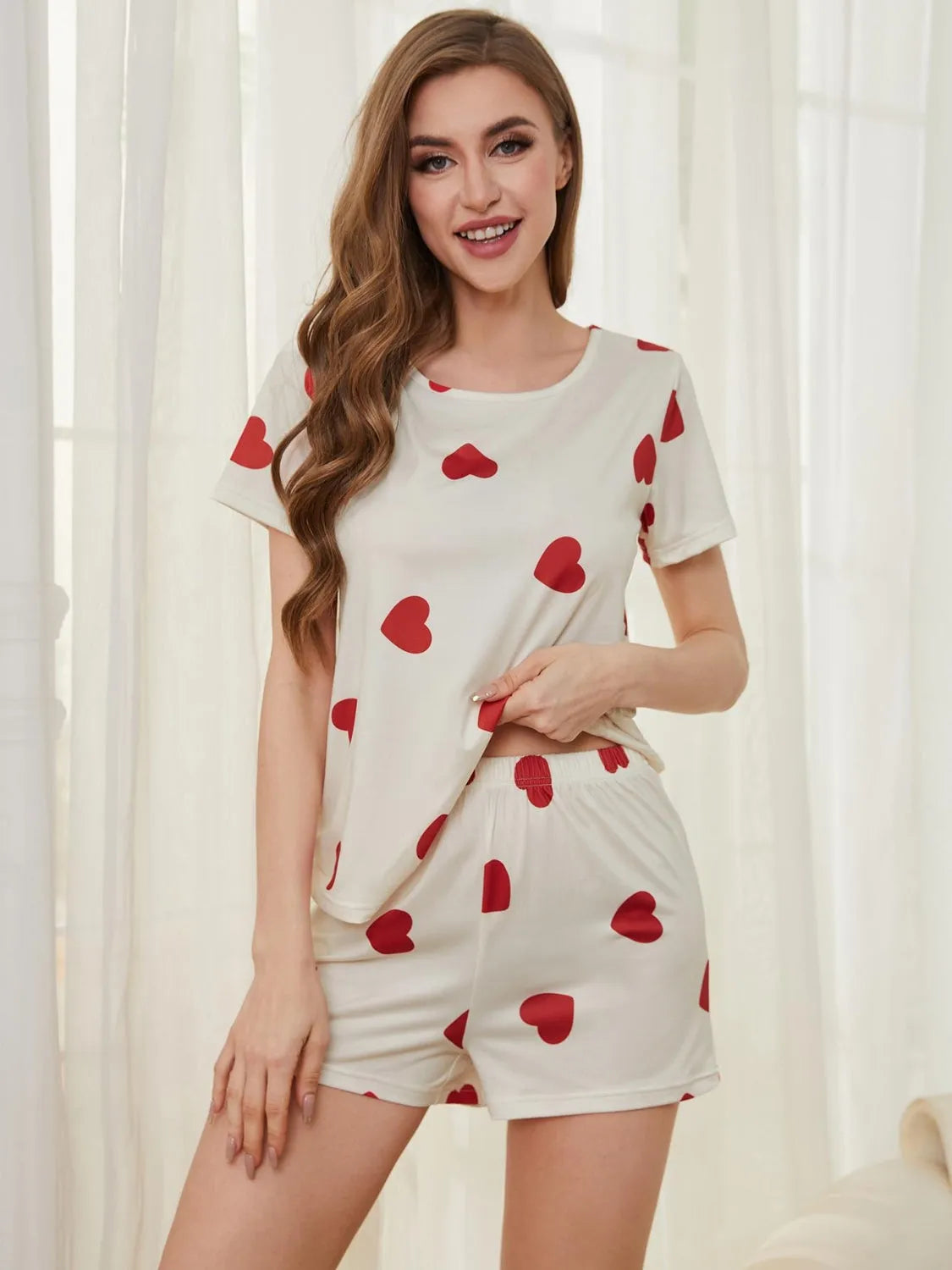 Heart Round Neck and Shorts Lounge Set